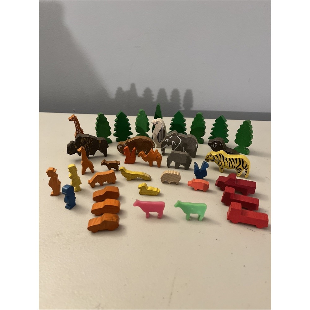Lot Of 37 Vintage Wooden Assorted Animals, Trees, Cars, People, Zoo, Safari Toys